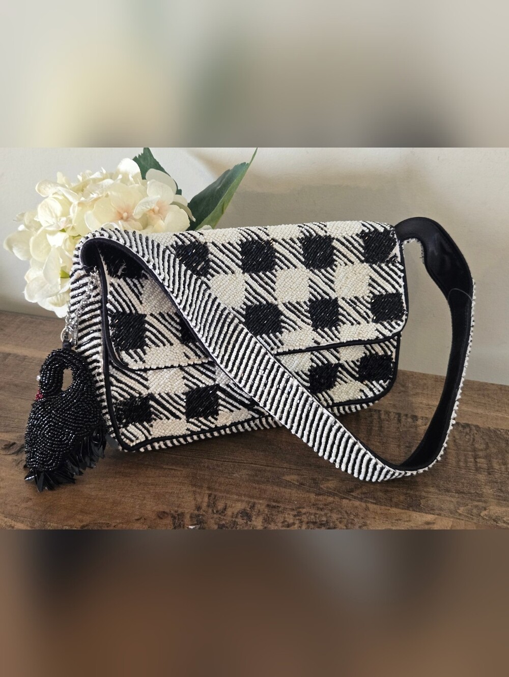 VIRAL Black & White Checkered Beaded Bag & Beaded Swan Charm Handmade in India